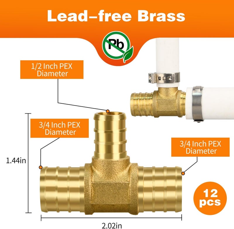 PXZBLG 12 Pack PEX 3/4" × 3/4" × 1/2" TEE Fittings, Brass Crimp for PEX Pipe in Plumbing Jobs - Image 2
